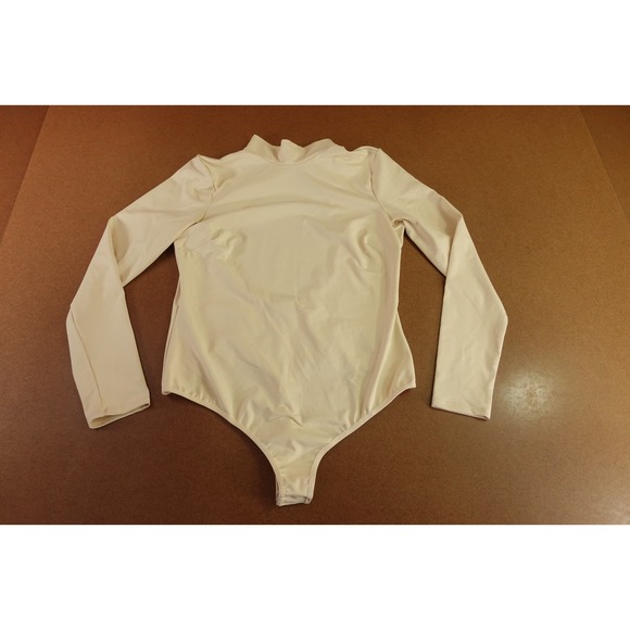 bebe Tops - Bebe Womens Large Cream Stretch Open Back Mock Neck Long Sleeve Bodysuit Top NWT